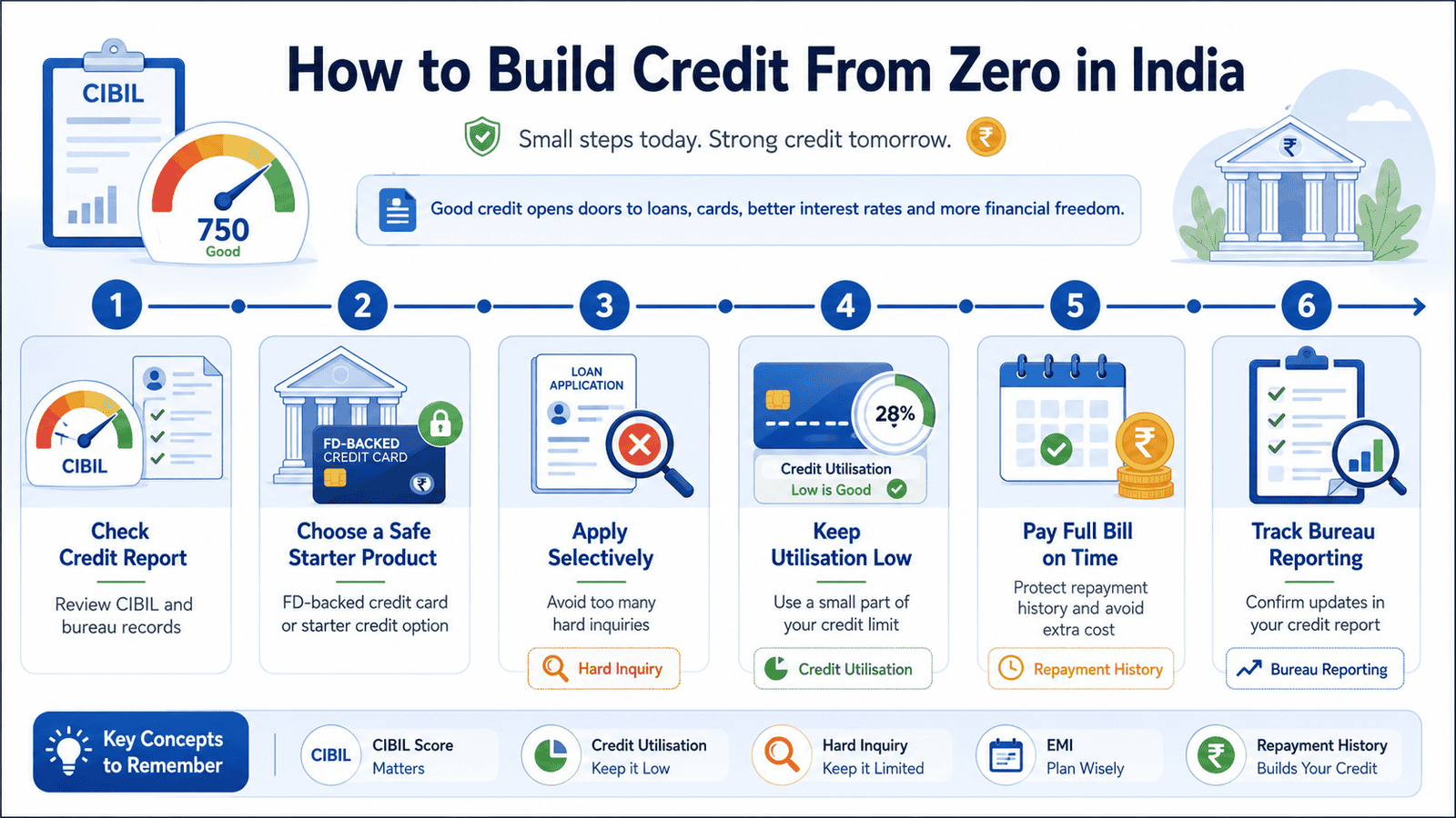 a 16 9 checklist infographic explaining how to build credit from zero in