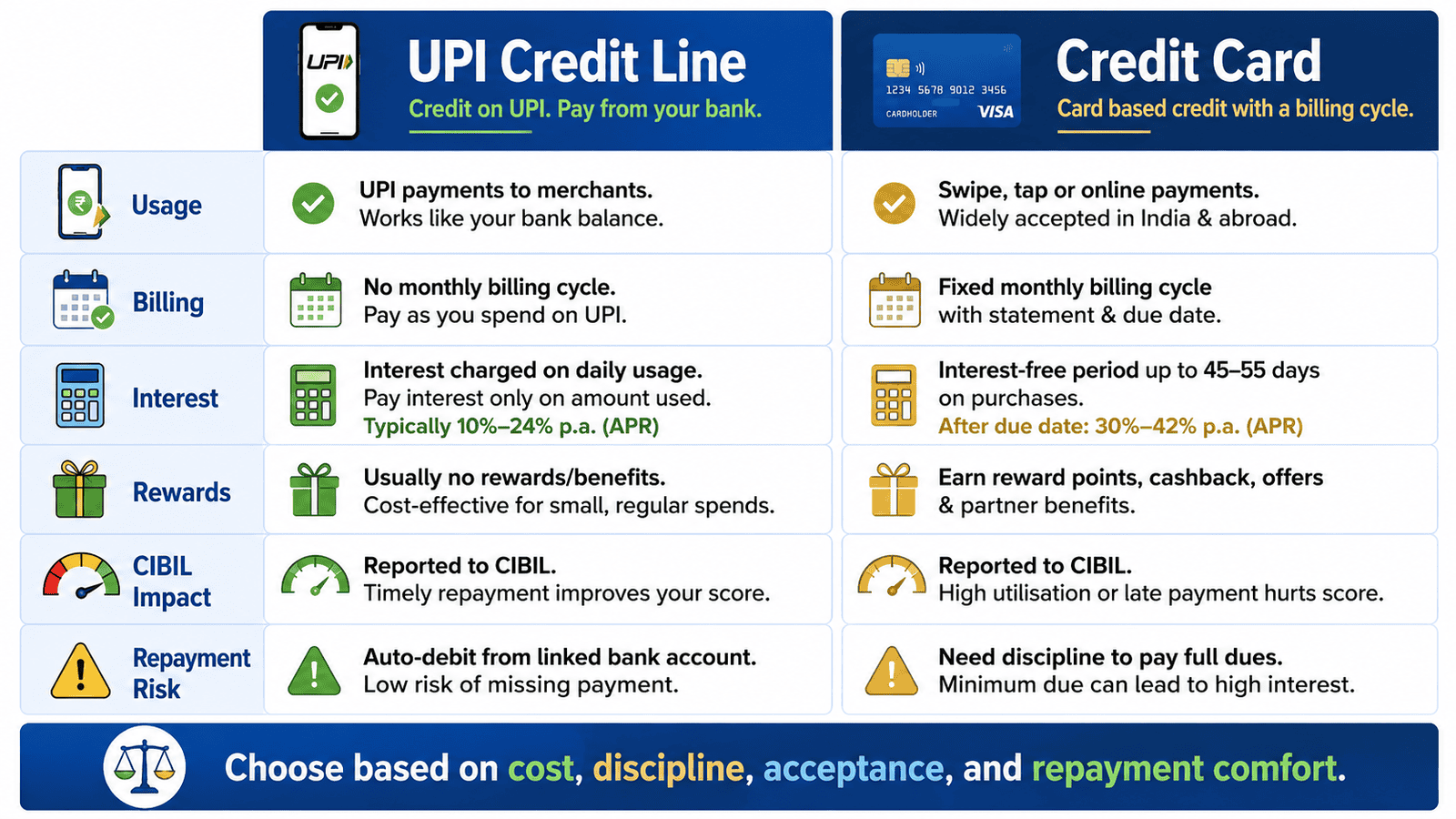 a 16 9 comparison infographic explaining upi credit line vs card for indian