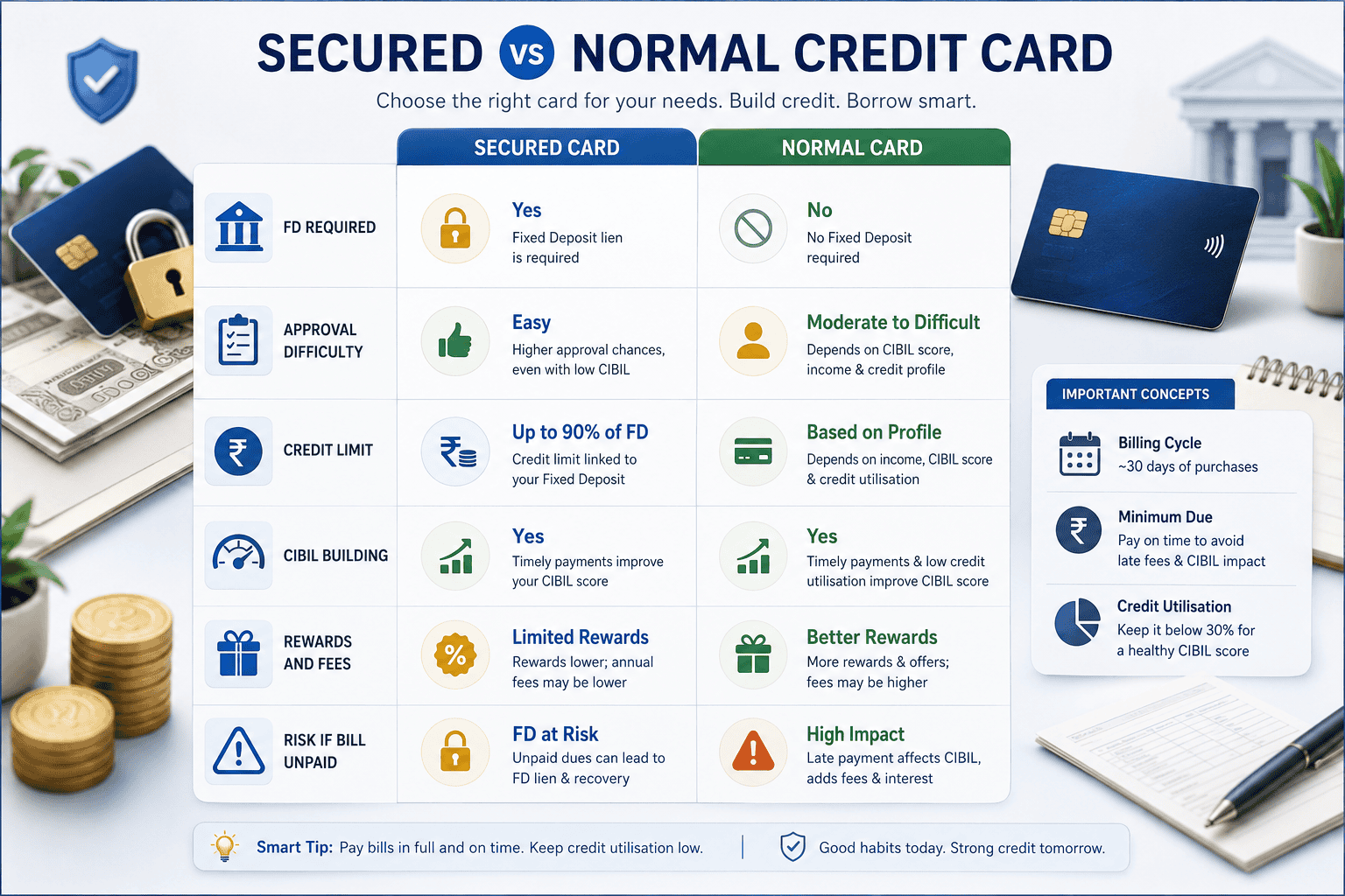 a 16 9 comparison infographic for secured vs normal credit card in clean