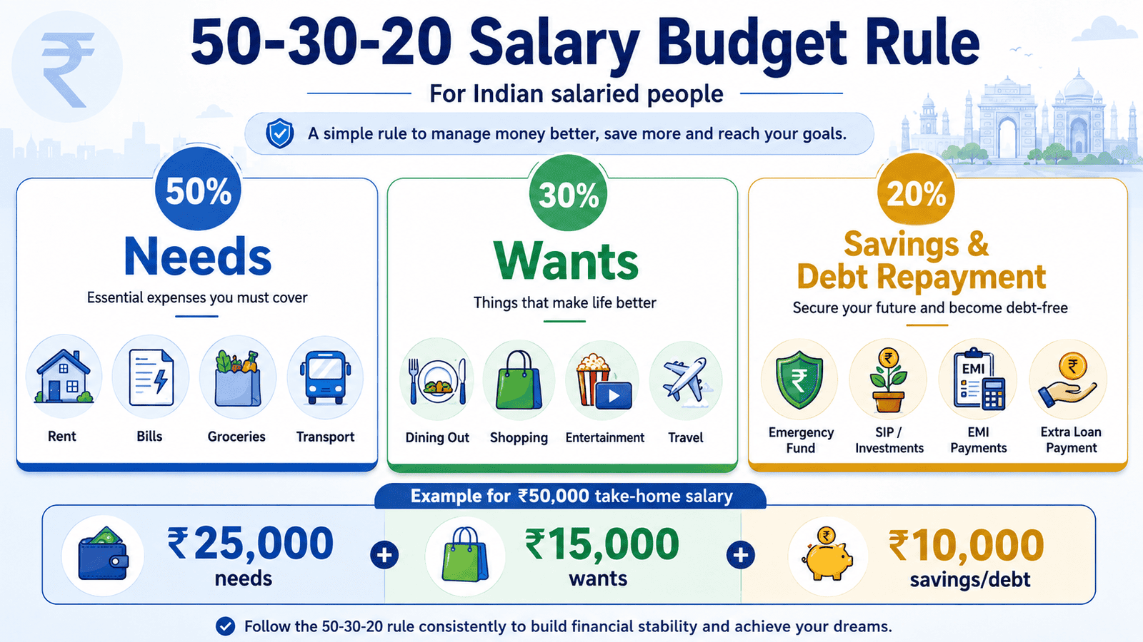 a 16 9 explanatory infographic showing the 50 30 20 salary budget rule