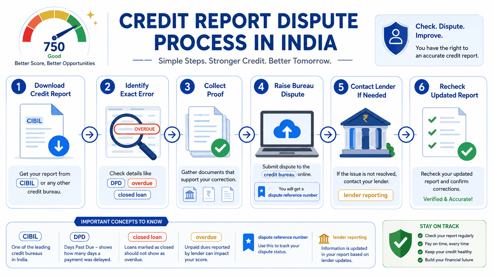 a 16 9 step by checklist infographic explaining credit report dispute process