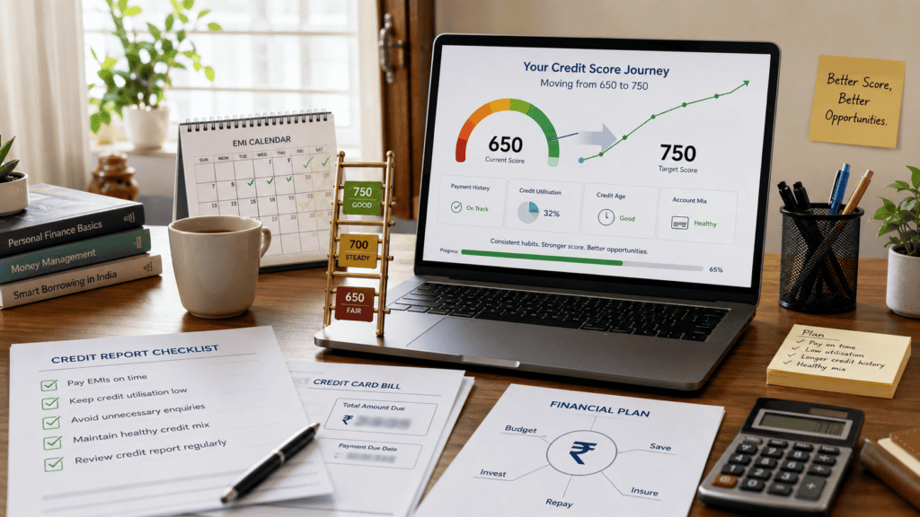 a realistic 16 9 premium editorial finance blog for an indian borrower