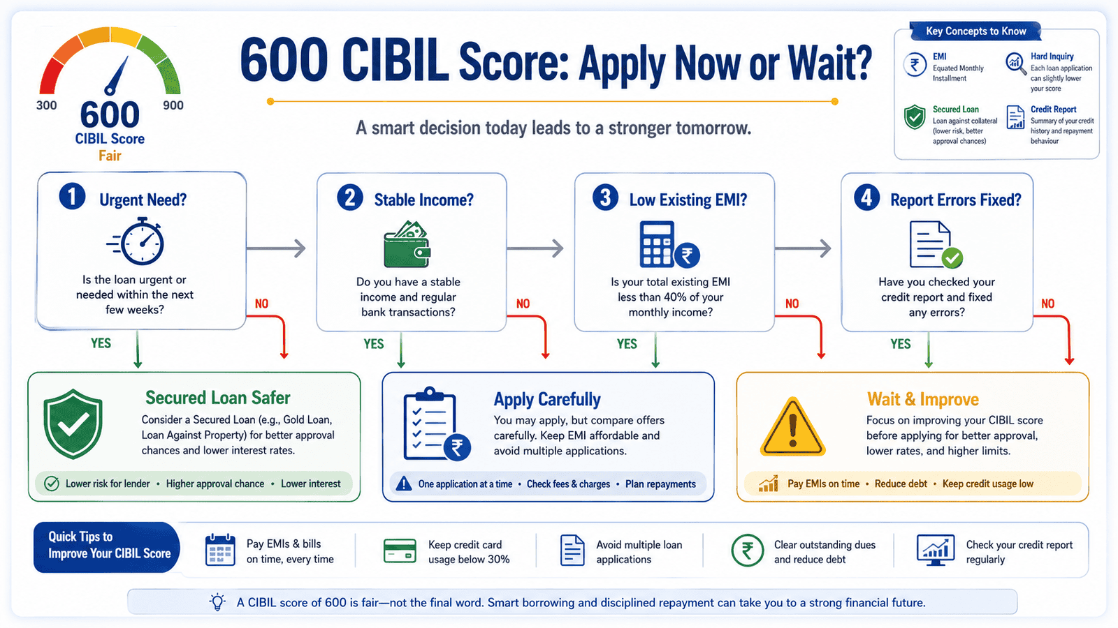a useful 16 9 in post infographic titled 600 cibil score apply now or wait