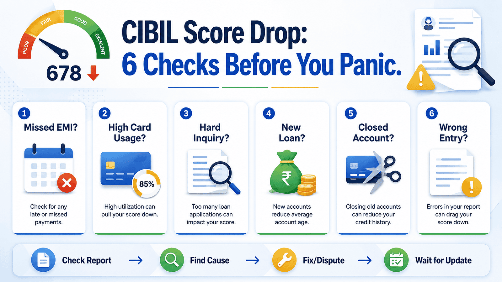 a useful 16 9 in post infographic titled cibil score drop 6 checks before