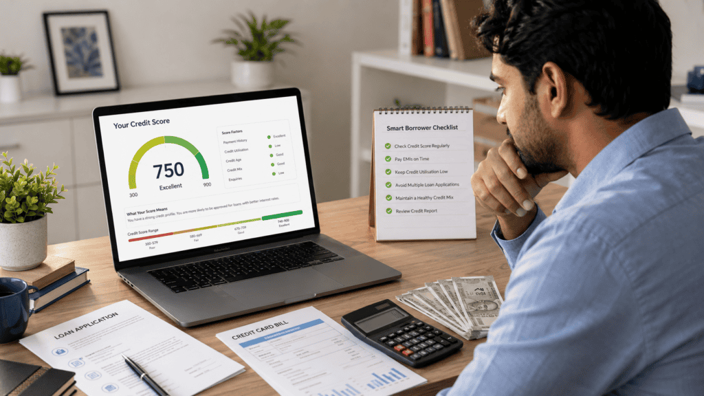 a realistic 16 9 premium editorial finance blog for an indian borrower